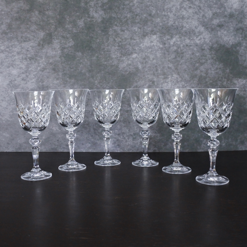 Vintage Clear Cut Crystal Wine Glass Goblet Set of Six